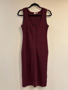 GAP Sleeveless Ribbed Button-Down Midi Dress in Burgundy